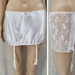 Frederick's of Hollywood Y2K White Satin Lace High Waisted Garter Belt Skirt